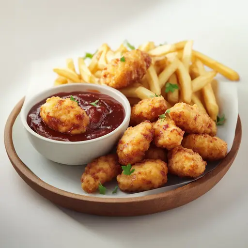 Amerikanische Chicken Nuggets mit BBQ-Dip und Pommes