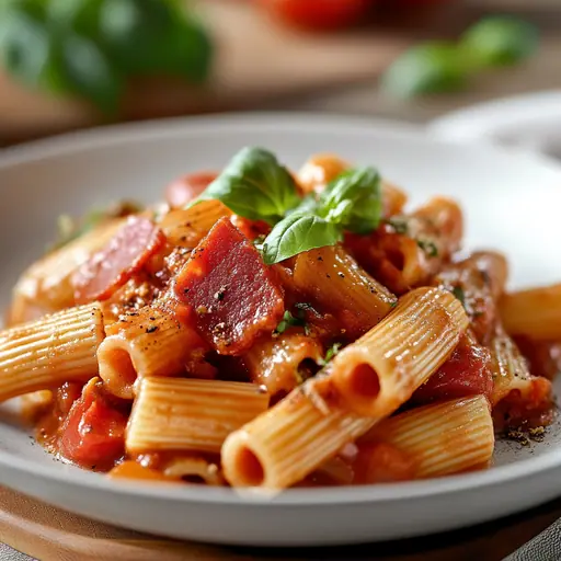 Dinkel Pasta mit Tomatensauce und veganem Salamitopping