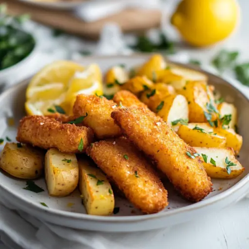 Knusprige Fischstäbchen mit Zitronenkartoffeln