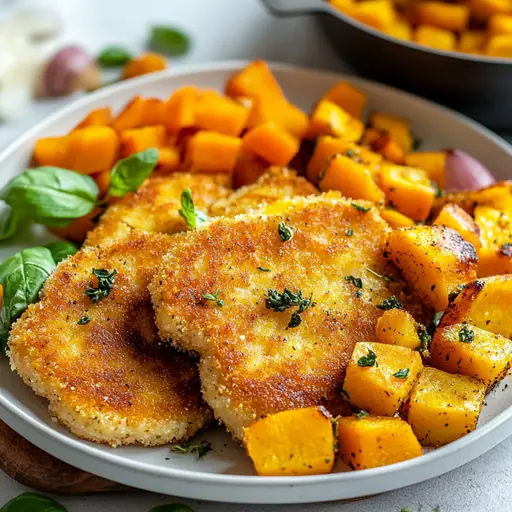 Veganes Schnitzel mit Butternut aus dem Ofen