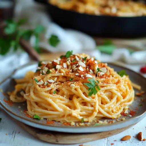 Spaghetti mit Mandeln und Paprika in Käsesoße