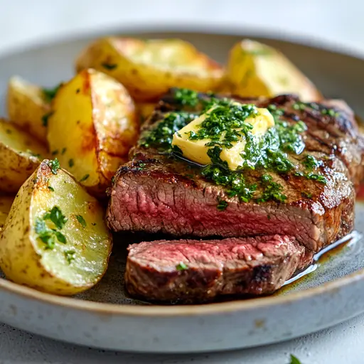 Argentinisches Rumpsteak mit Kräuterbutter und Ofenkartoffeln