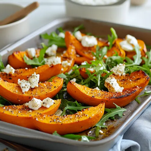 Gebackene Kürbisspalten mit Feta und Rucola