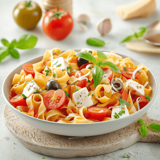 Tomaten-Mozzarella Pasta mit Oliven