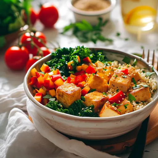 Vegane Tofu-Bowl mit Bulgur und Gemüse