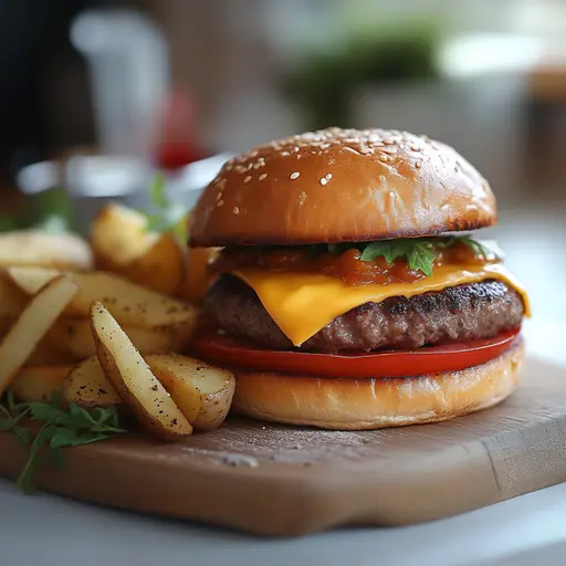 Frische Beef Burger mit Käse und Kartoffelspalten