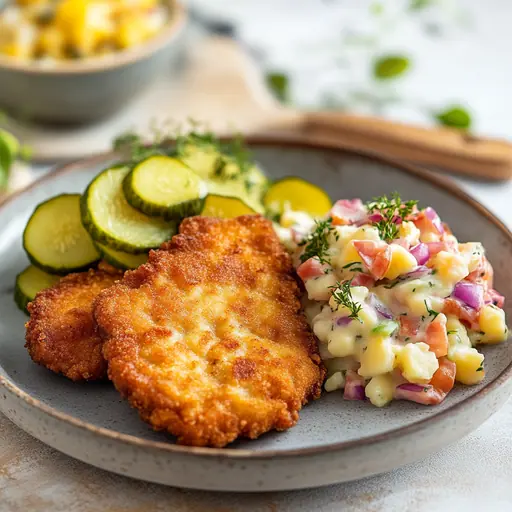 Deutsche Schinken-Schnitzel mit Würzgurken und Kartoffelsalat