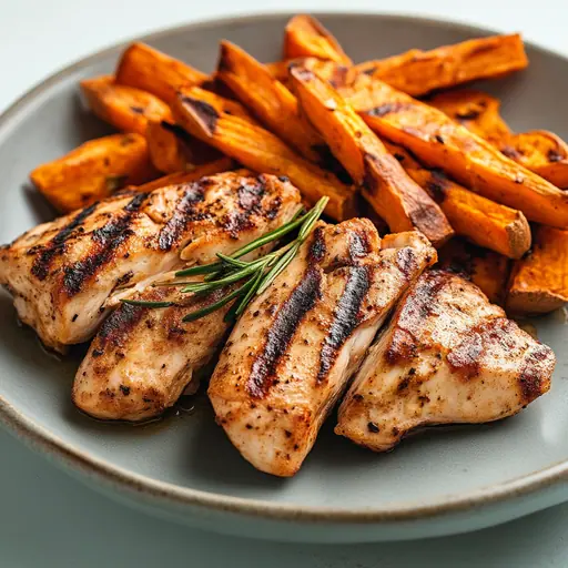 Gegrillte Hähnchen-Innenfilets mit Süßkartoffel-Pommes