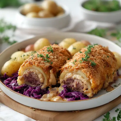 Veganes Cordon Bleu mit Rotkohl und Kartoffeln