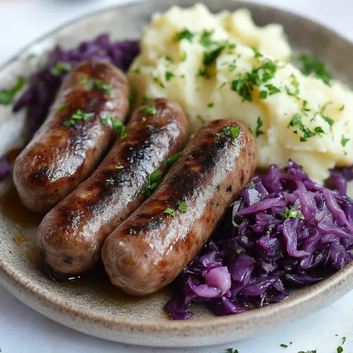 Vegane Mühlen Rostbratwürstchen mit Rotkohl und Kartoffelpüree