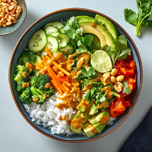 Thai-inspirierte Vegane Bowl mit Erdnuss-Limetten-Dressing