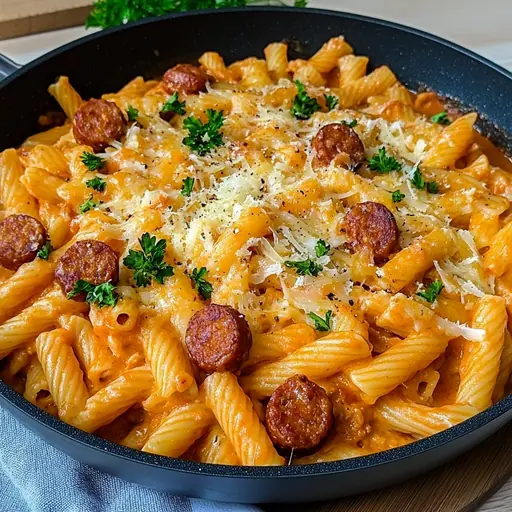 Cremige One-Pot Wurst-Pasta mit Cheddar