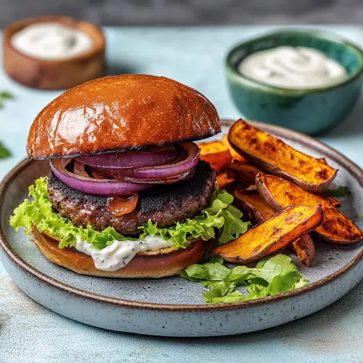 Veganer BBQ-Burger mit karamellisierten Zwiebeln