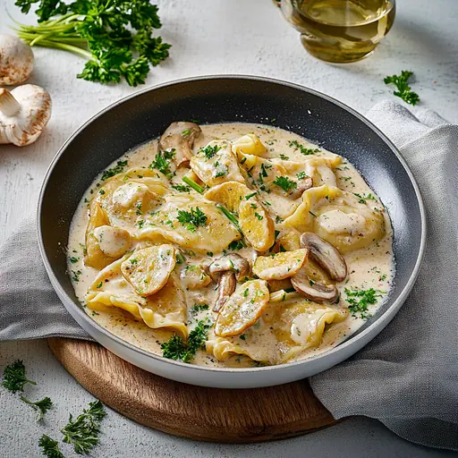 Maultaschen-Pfanne mit Champignons und Sahnesoße