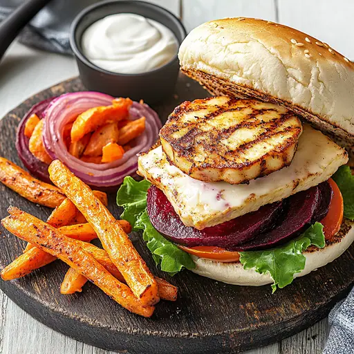 Halloumi-Burger mit Rote-Bete und Gemüsesticks