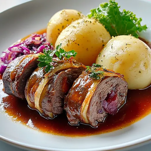 Klassische Rinderrouladen mit Rotkohl und Kartoffeln