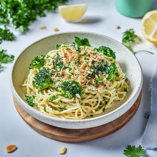 Zitronen-Spaghetti mit Brokkoli und Mandel-Crunch