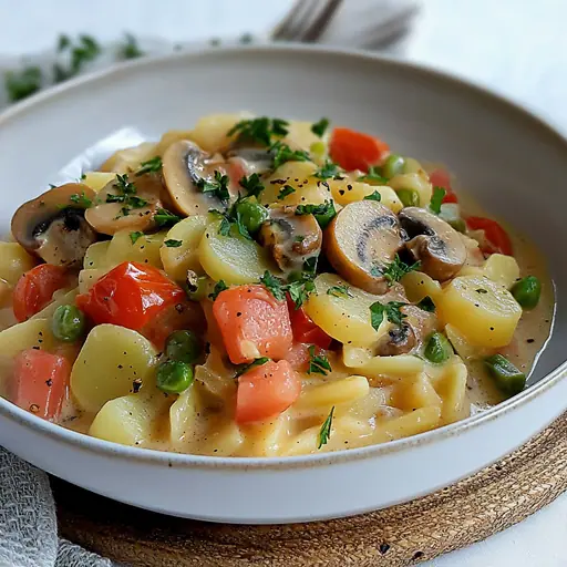 Cremige Schupfnudelpfanne mit Lauch und Pilzen