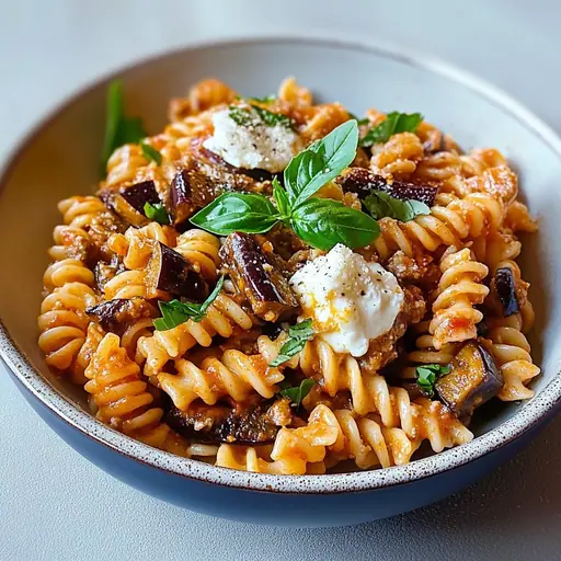 Fusilli mit Auberginen und geschmolzenem Mozzarella