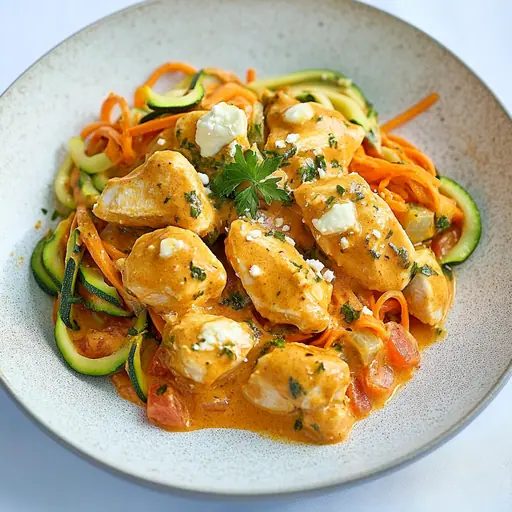 Zucchini-Karotten-Nudeln mit Hähnchen in Curry-Tomatensauce