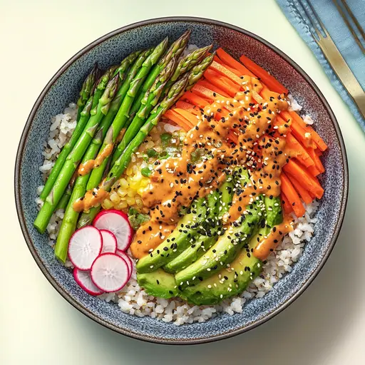 Vegane Asia Bowl mit Avocado und Spargel