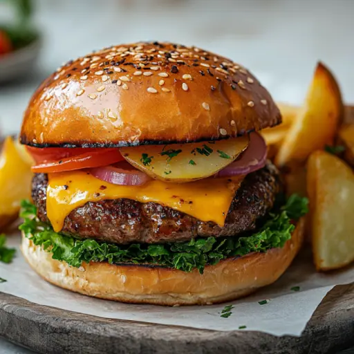 Ofen-Cheeseburger mit knusprigen Kartoffelspalten