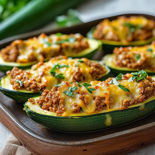 Herzhafte Zucchini-Schiffchen mit Hackfleisch und Käse überbacken