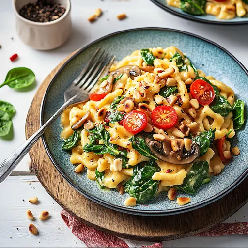 Spicy Cremige Spätzle mit Babyspinat und Champignons