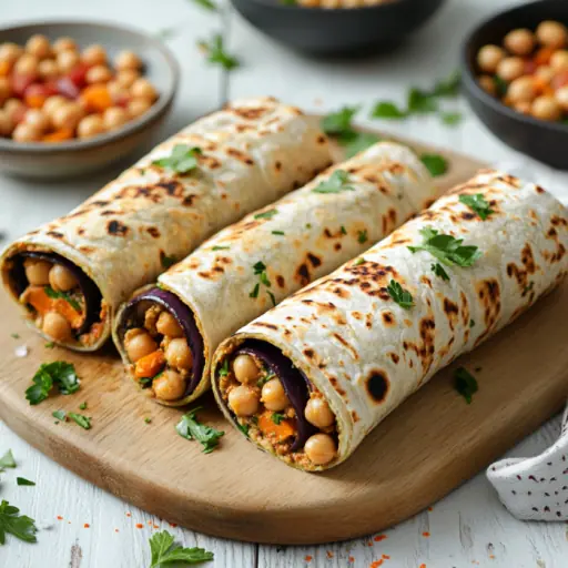 Orientalische Wraps mit Hummus und gerösteten Auberginen